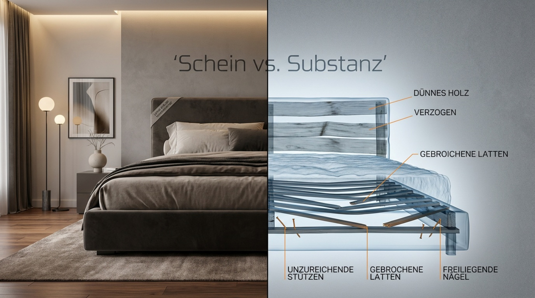 Stilvolles Split-Image zeigt ein elegantes Designer-Bett in einem modernen Schlafzimmer und eine technische Schnittansicht mit billiger Holzkonstruktion.