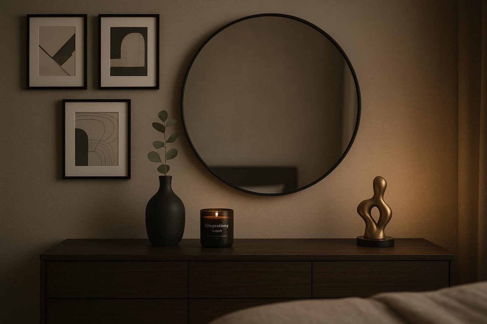 Stilvolle Schlafzimmer-Kommode mit rundem Spiegel, minimalistischer Dekoration und warmem Licht