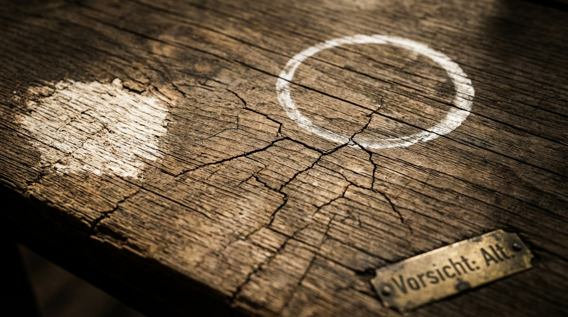 Dramatische Nahaufnahme einer vernachlässigten Holzoberfläche mit sichtbaren Schäden und Rissen.