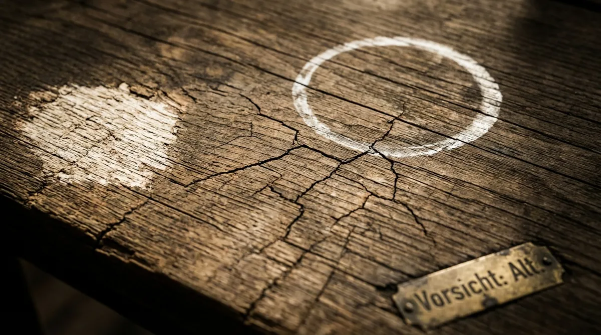 Dramatische Nahaufnahme einer vernachlässigten Holzoberfläche mit sichtbaren Schäden und Rissen.