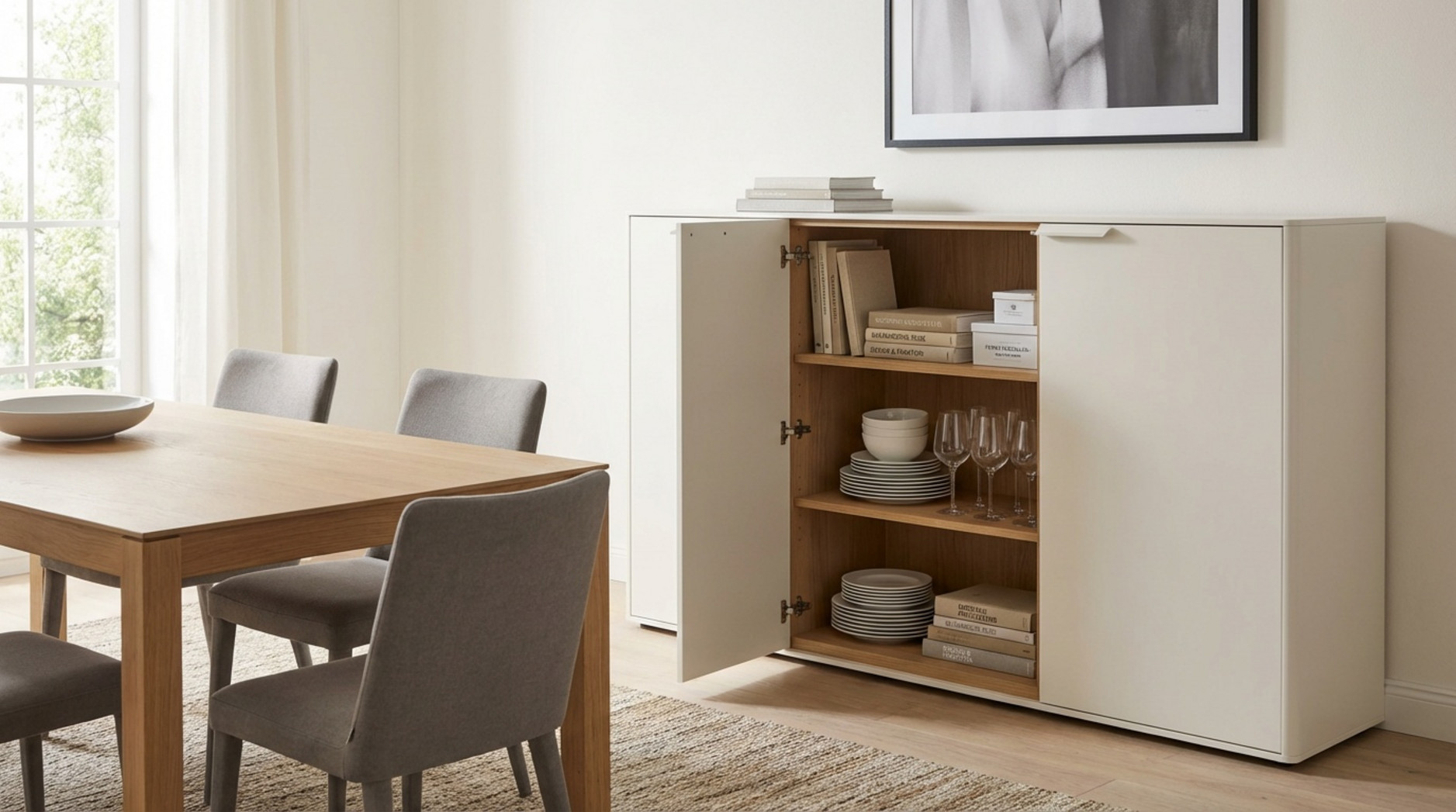 Eine minimalistische weiße Kommode im modernen Esszimmer mit geöffneten Türen, die flexible Ablageflächen zeigen.