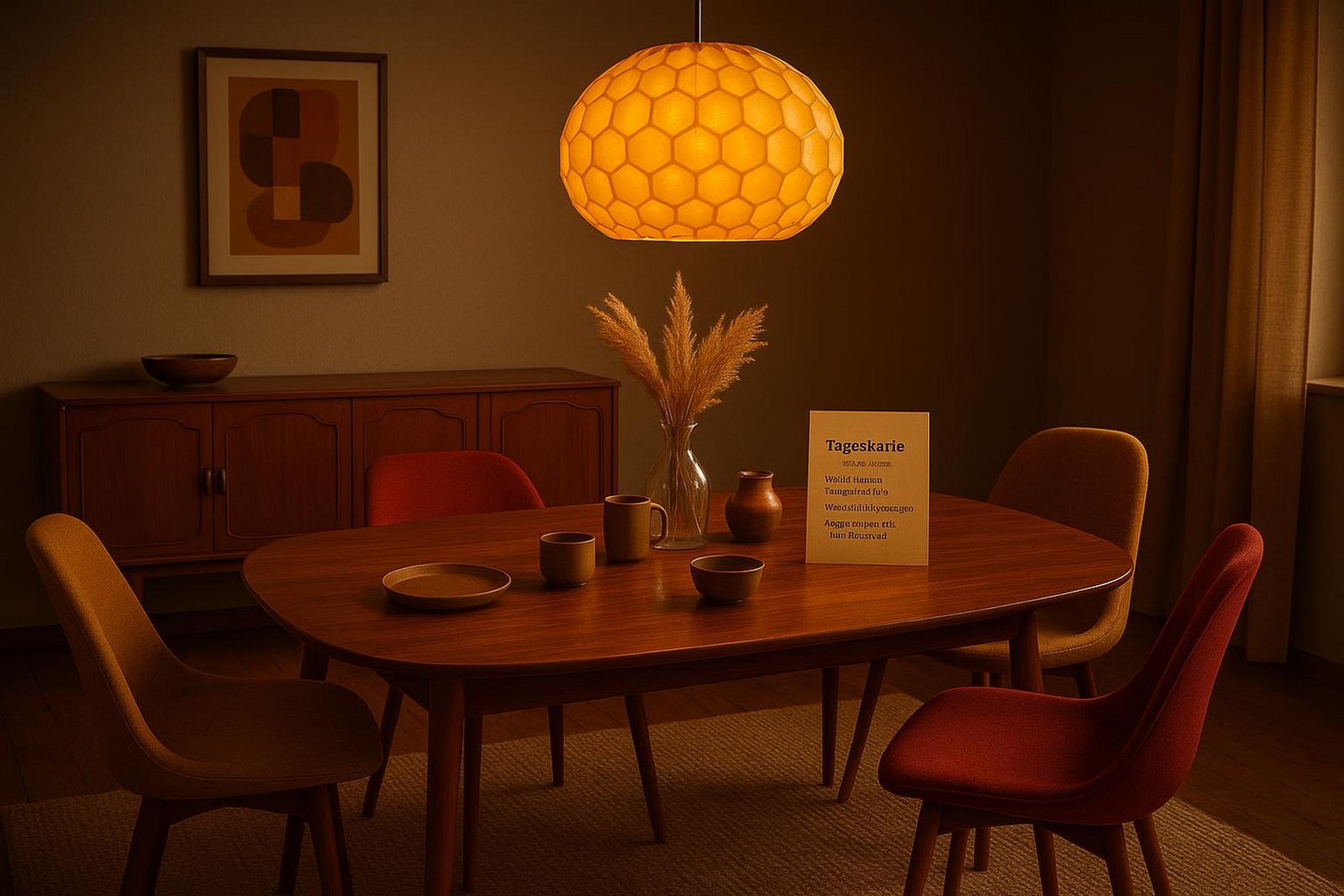 Fotorealistische Darstellung eines Esszimmers im 70er-Jahre-Stil mit dunklem Nussbaumtisch, organischen Schalenstühlen und einer wabenförmigen Pendelleuchte.