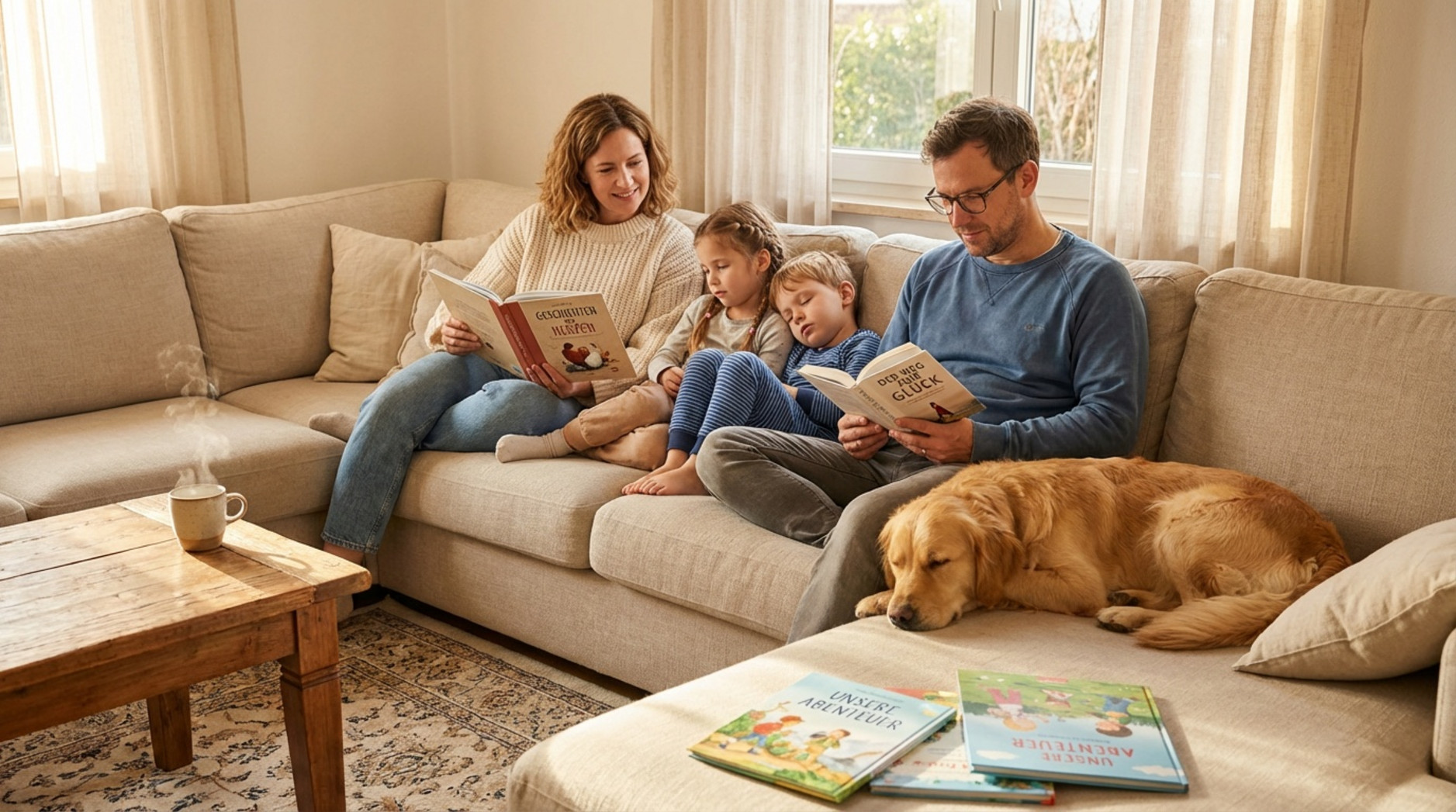 Familie entspannt auf einem großen bequemen Sofa, während die Kinder und der Hund schlafen, was Geborgenheit und familiäres Glück zeigt.