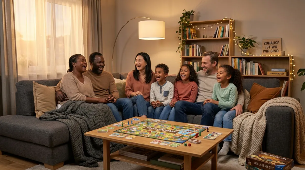 Fröhliche Familie spielt zusammen ein Brettspiel im gemütlichen Wohnzimmer