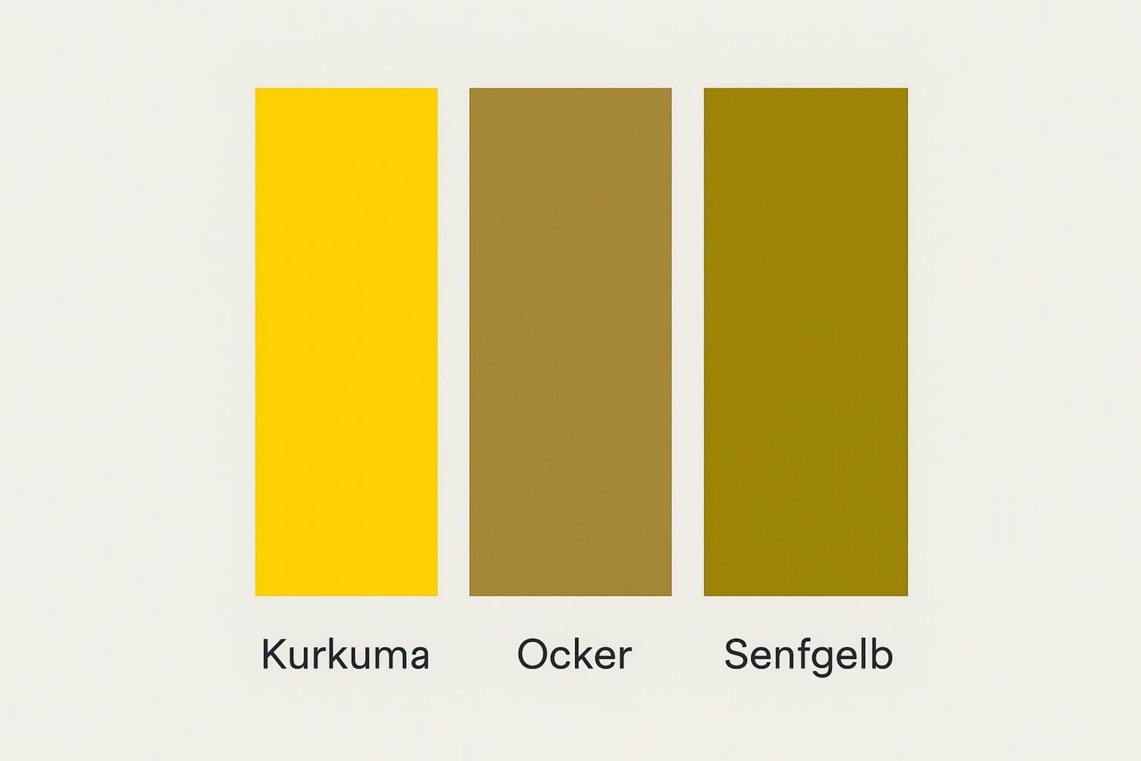 Eine moderne Infografik zeigt drei vertikale Farbfelder in Kurkuma Ocker und Senfgelb auf hellem Hintergrund mit Beschriftungen.