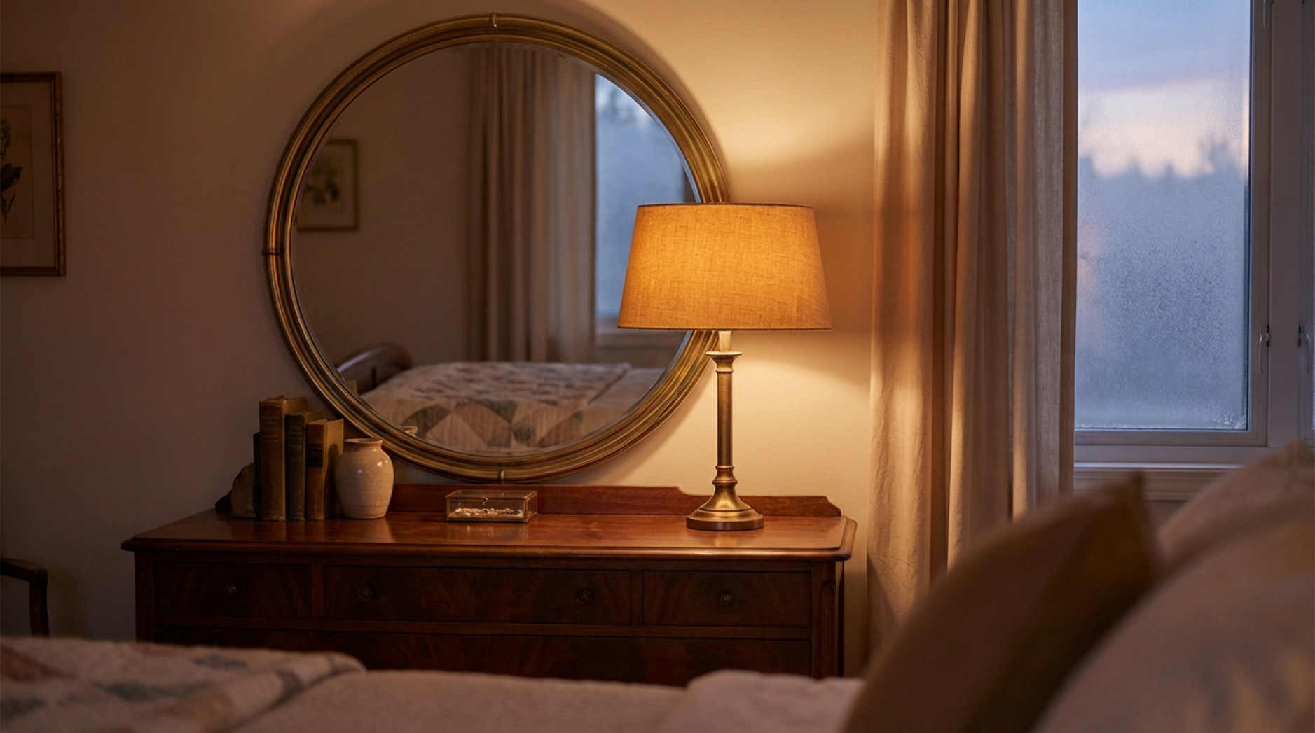 Gemütliche Nahaufnahme einer Kommode mit Spiegel in einem kleinen Schlafzimmer bei Dämmerung, reflektiert warmes Licht einer eleganten Tischleuchte.