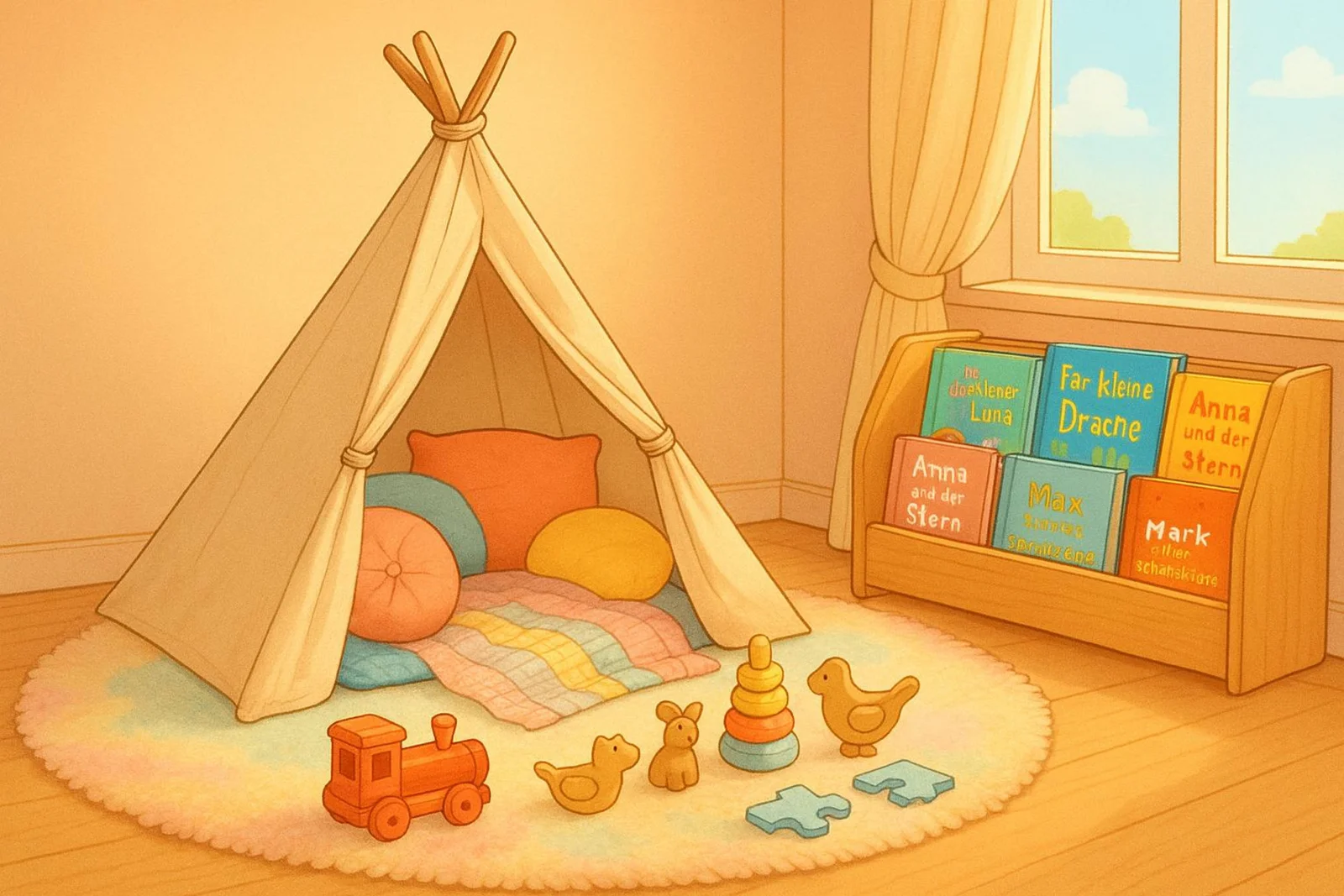 Eine freundliche Illustration einer Spielecke in einem Mädchenzimmer mit Tipi-Zelt, bunten Kissen und Kinderbüchern.
