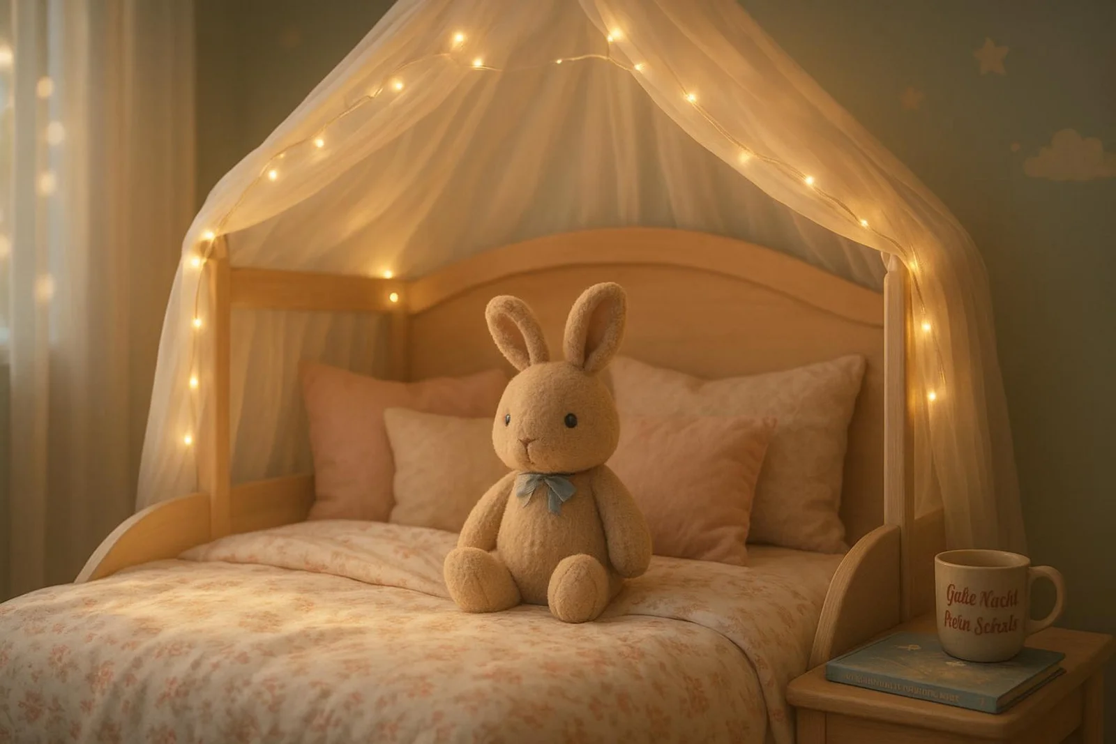 Fotorealistische Nahaufnahme einer gemütlichen Kinderzimmer-Ecke mit senfgelben Akzenten und warmem modernen Ambiente.