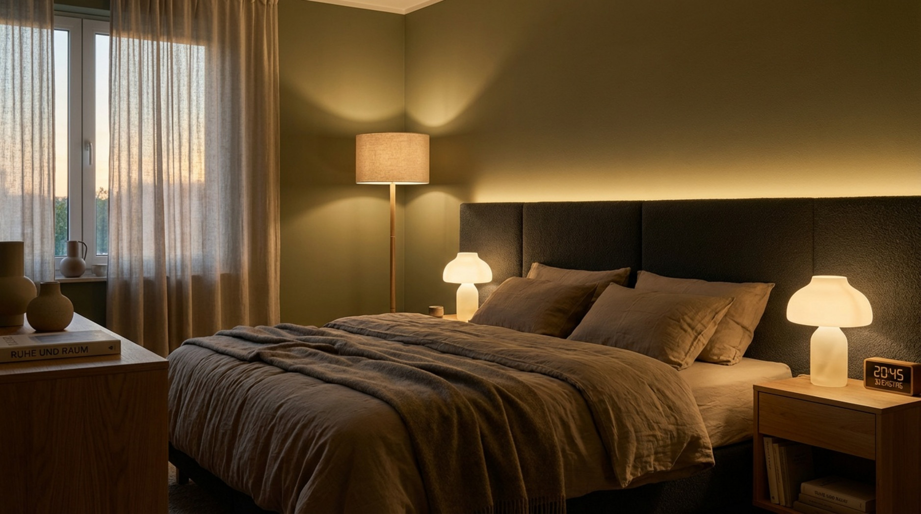 Ein gemütliches Schlafzimmer bei Abenddämmerung mit warmem Licht, das eine entspannte und einladende Atmosphäre schafft