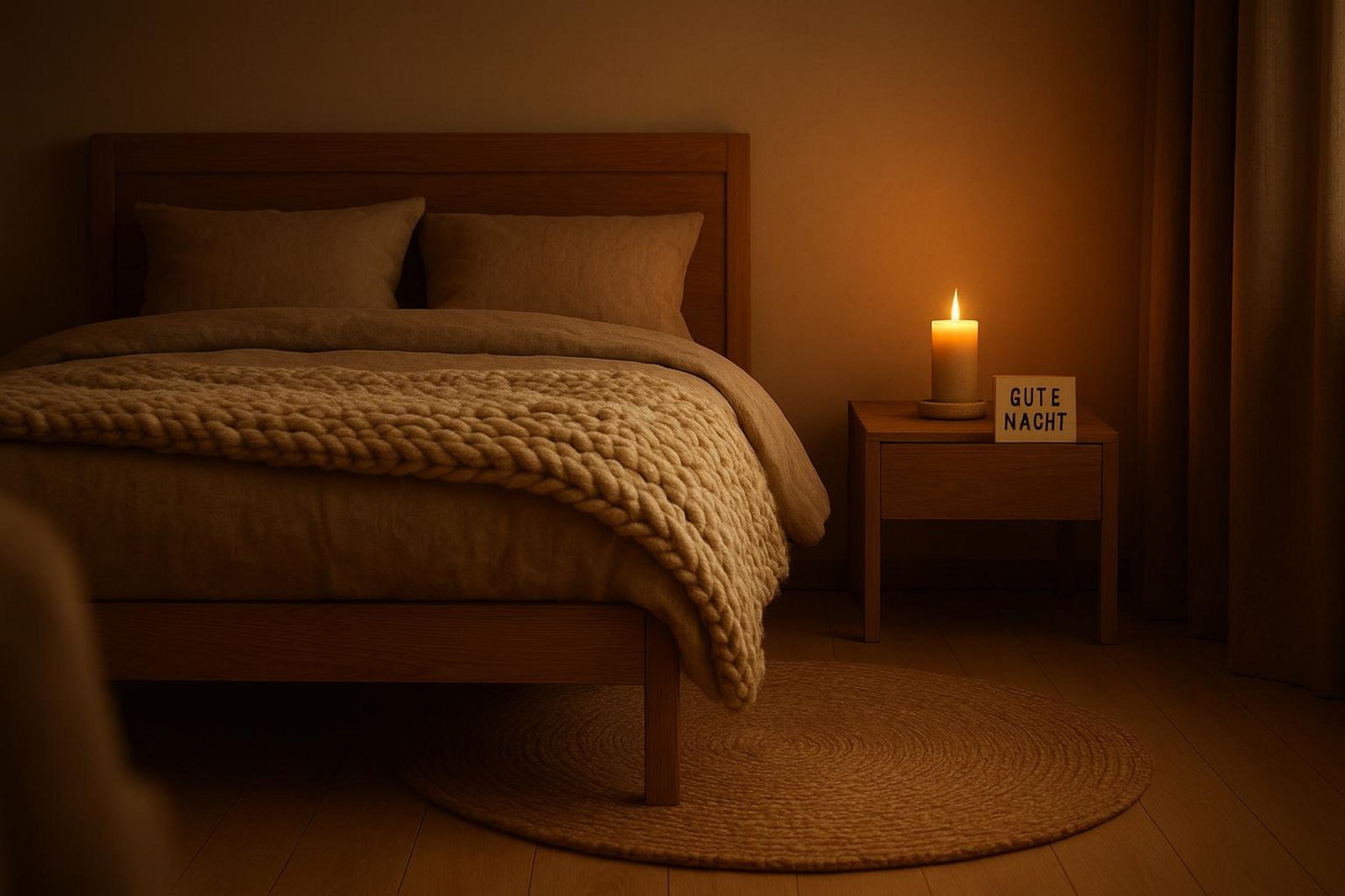 Ein gemütliches Schlafzimmer strahlt Geborgenheit aus mit warmem Licht und natürlichen Materialien.