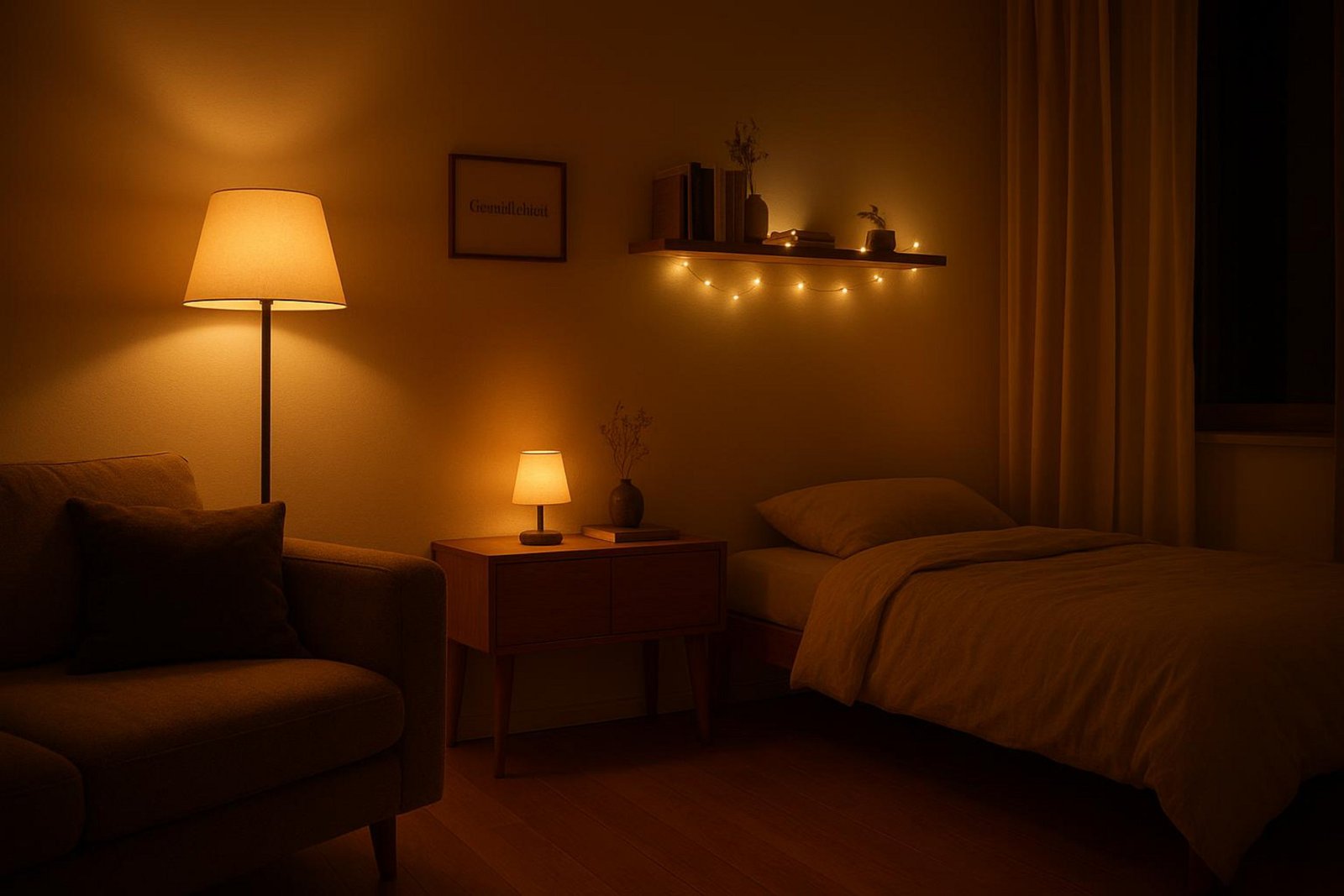 Gemütliches Wohnzimmer-Schlafzimmer bei Abend mit warmem Licht von Stehlampe und LED-Kette für eine intime Atmosphäre.