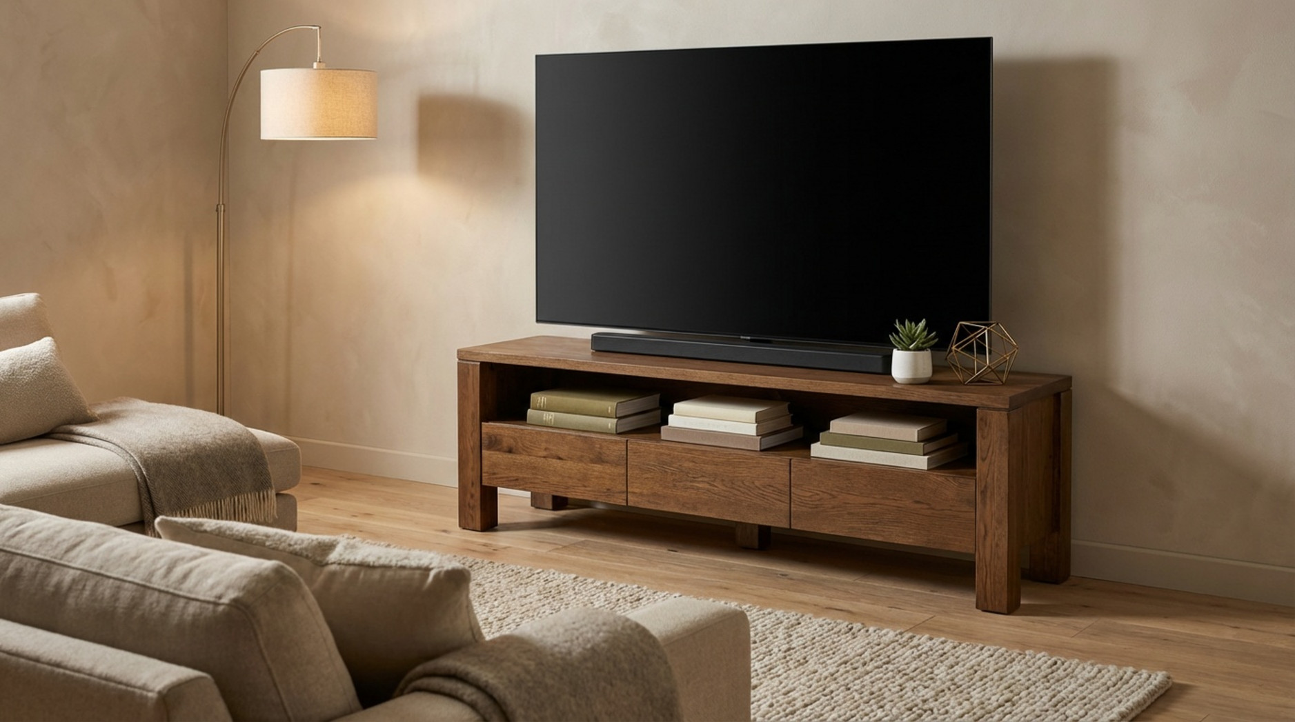 Ein stilvolles Wohnzimmer mit einem massiven dunklen Eichenholz-TV-Schrank als Mittelpunkt und wohnlicher Dekoration.