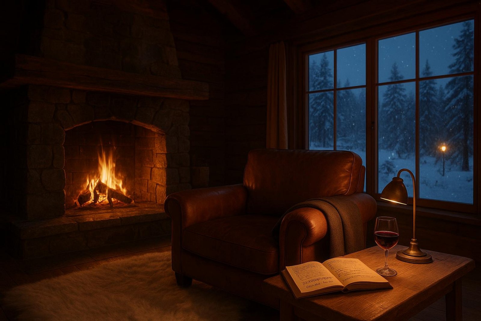 Ein gemütliches Chalet-Wohnzimmer mit offenem Steinkamin, warmem Feuer und entspannter Atmosphäre.