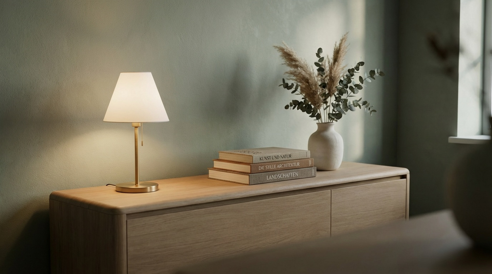 Ein liebevoll dekoriertes TV-Lowboard mit warmem Licht, Kunstbüchern und Trockenblumen schafft eine gemütliche Atmosphäre.