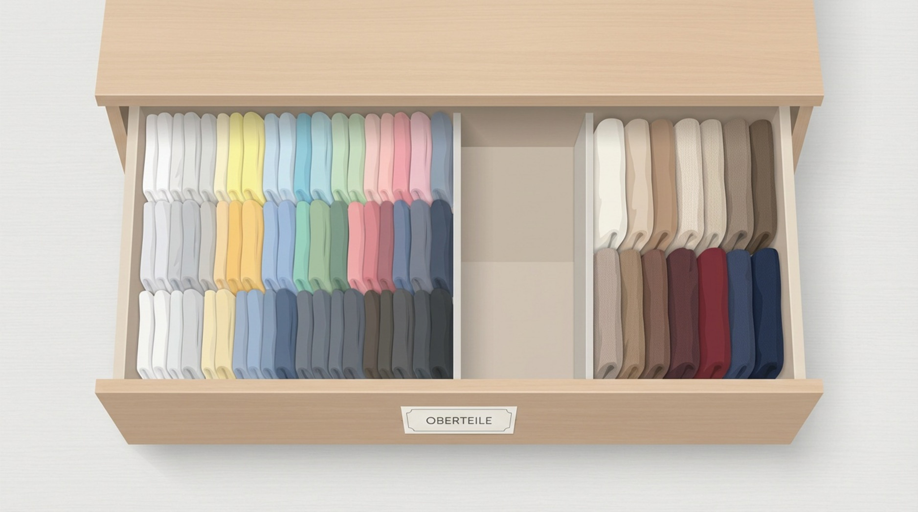 Eine Infografik zeigt eine offene Kommode mit ordentlich gefalteten T-Shirts und Pullovern in der Schublade.