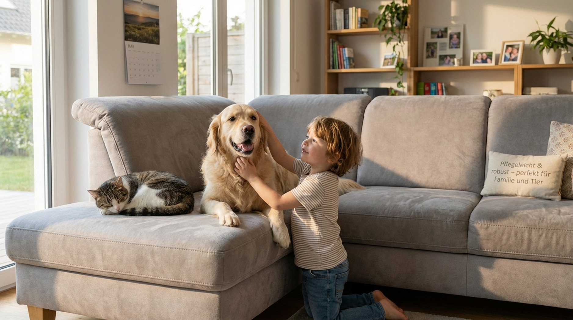 Friedliche Szene mit einem Golden Retriever, Katze und Kind auf einem robusten Mikrofaser-Ecksofa, zeigt Alltagstauglichkeit und Harmonie.