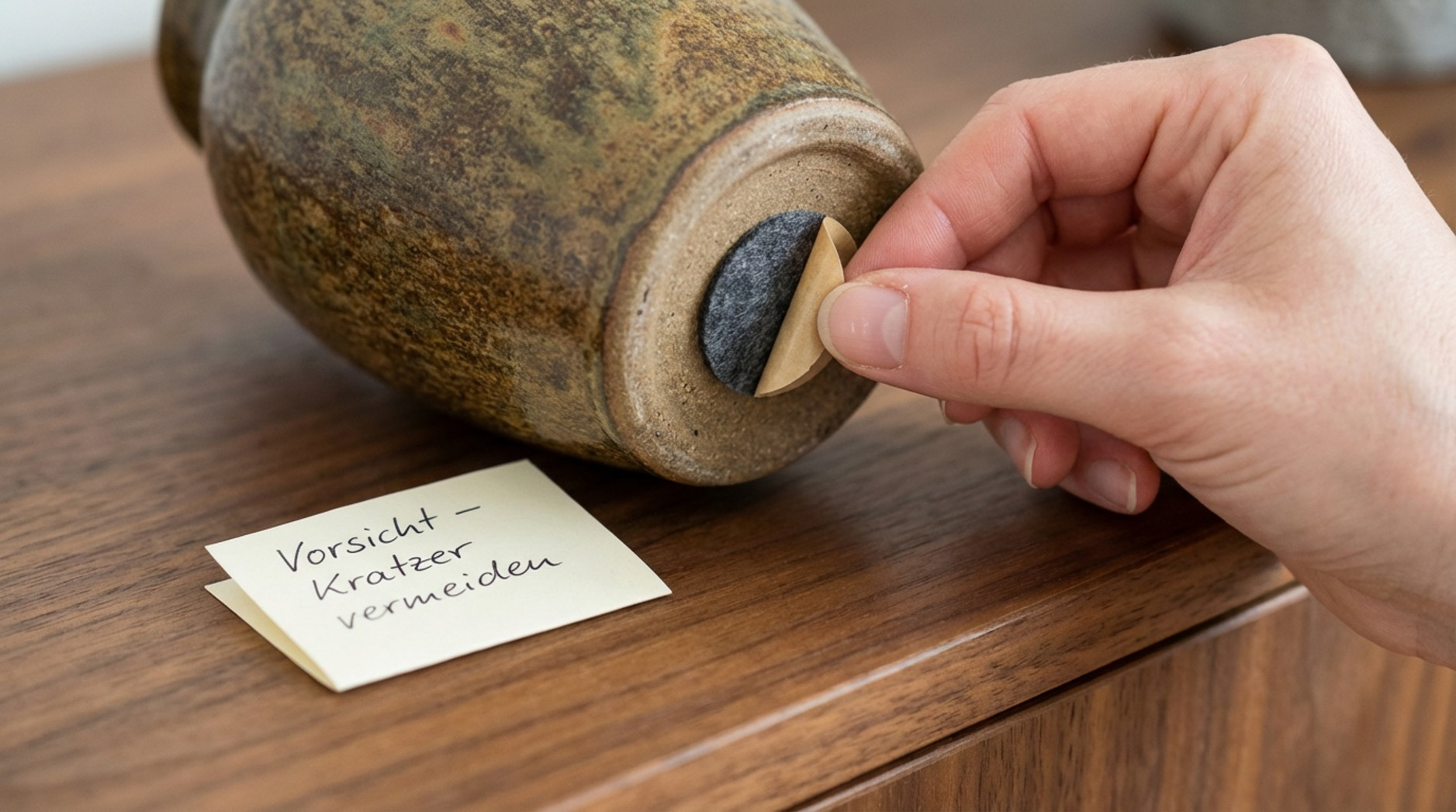 Nahaufnahme einer Hand, die einen Filzgleiter auf eine Keramikvase klebt, um Kratzer zu verhindern.