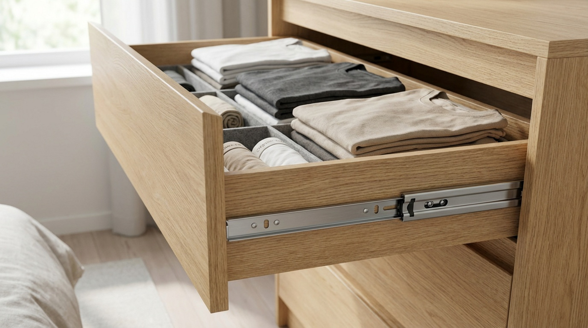 Obere Ansicht einer offenen Kommodenschublade aus hellem Eichenholz mit Metall-Vollauszug, gefüllt mit ordentlich gefalteten T-Shirts und Wäsche, zeigt Ergonomie und Qualität.