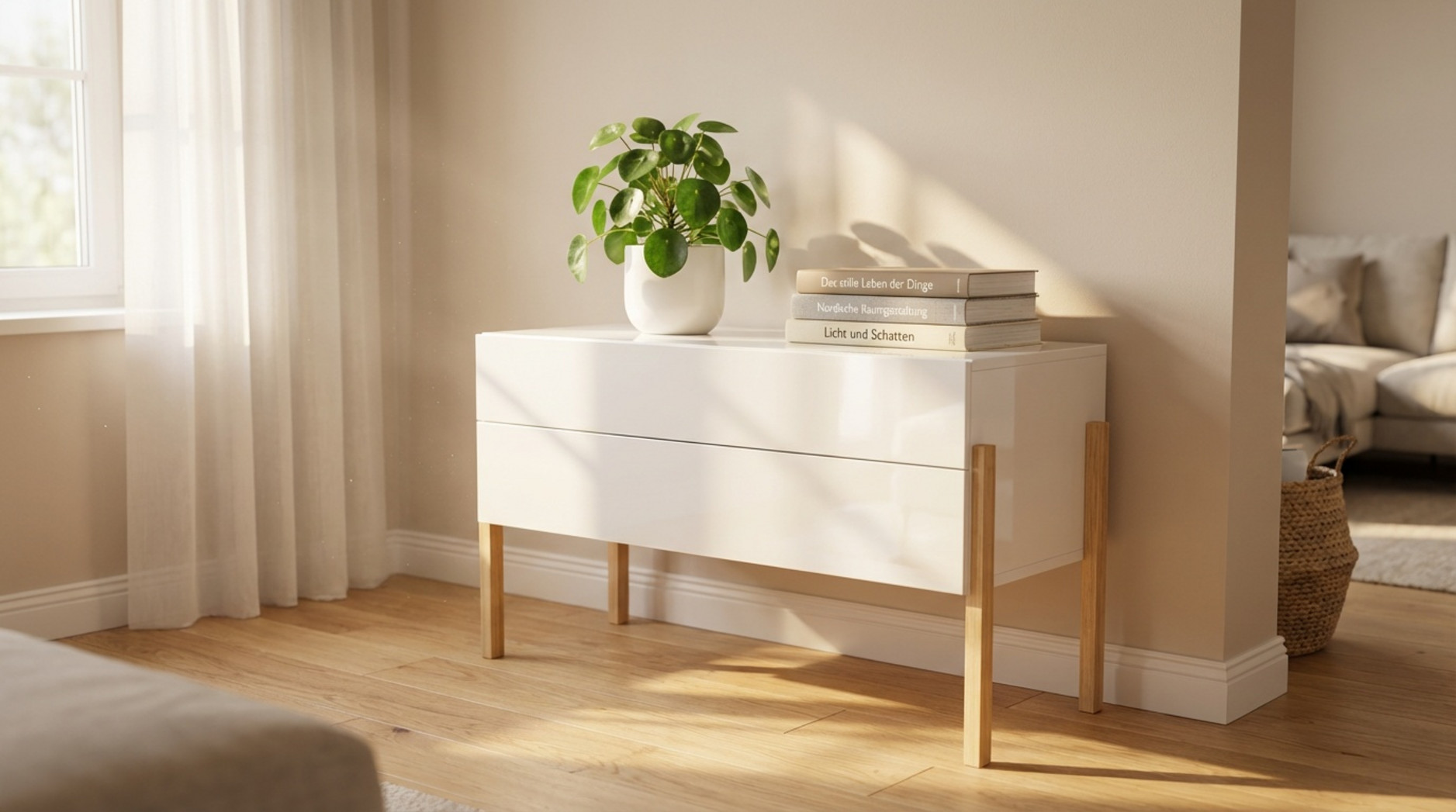 Fotorealistische Darstellung einer Wohnzimmer-Ecke mit einer weißen Kommode, einer Zimmerpflanze und Büchern, die durch Sonnenlicht erhellt wird.