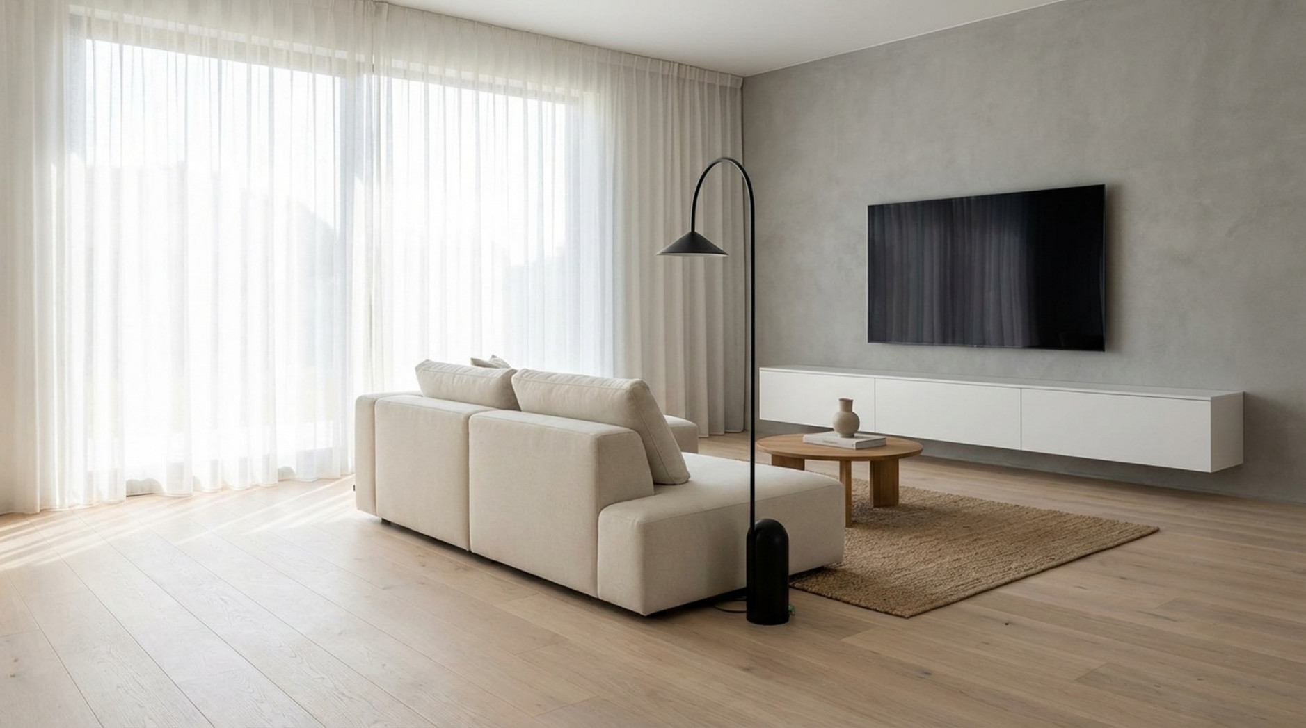 Ein helles minimalistisches Wohnzimmer mit weißem Lowboard, großem Fernseher und Sonnenlicht durch ein Fenster.