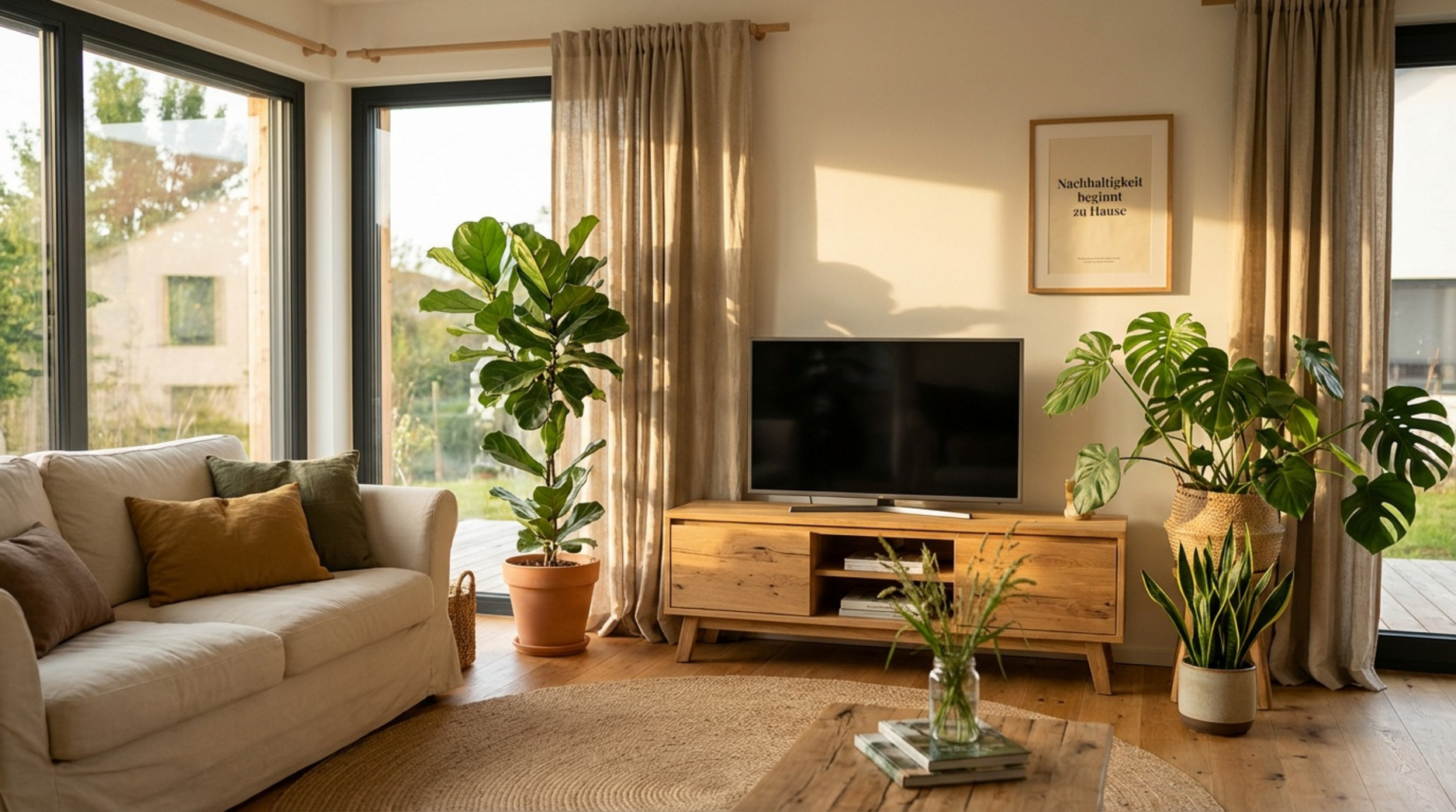 Ein nachhaltiges Wohnzimmer mit Massivholz-TV-Schrank, großen Pflanzen und natürlichem Licht vermittelt Ruhe und Naturverbundenheit.
