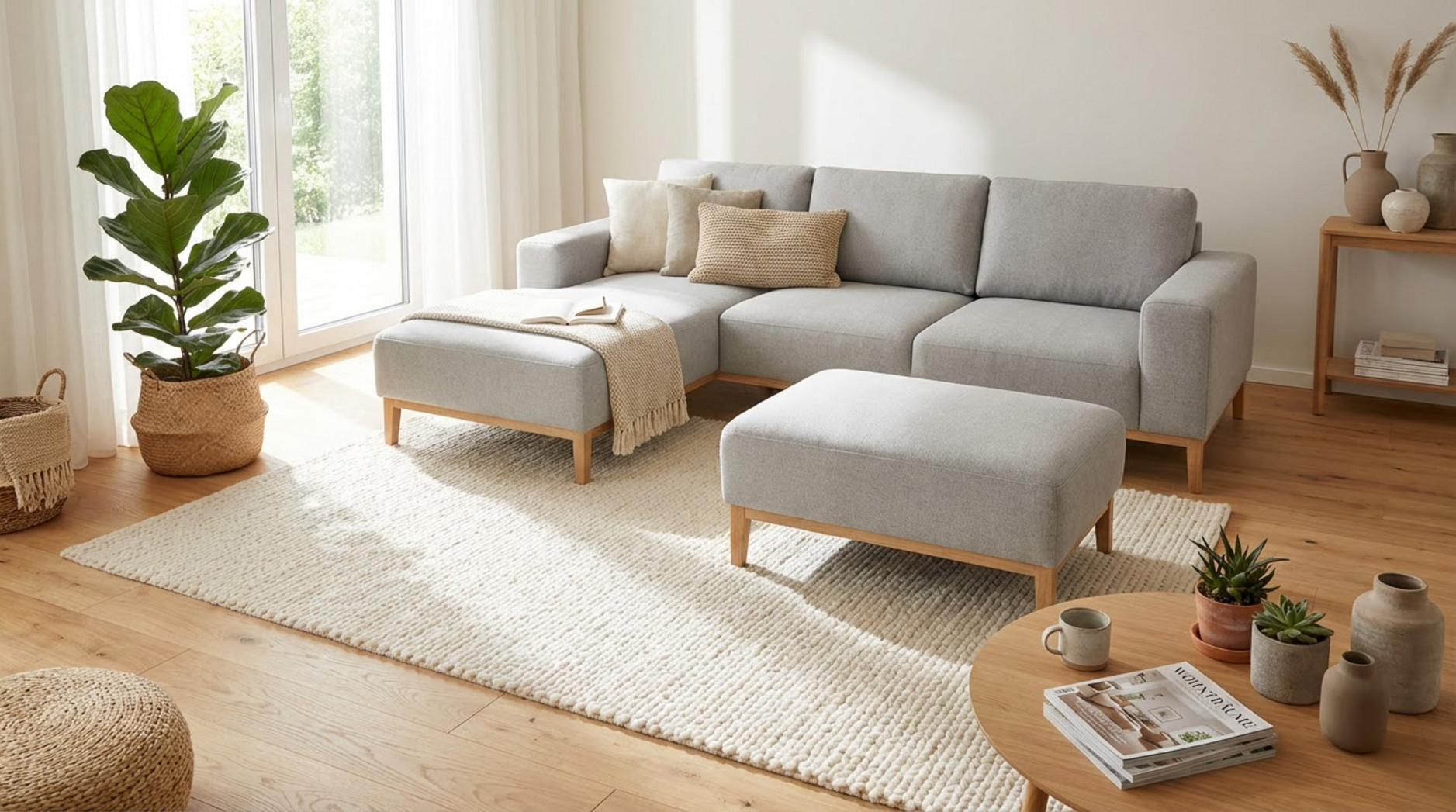Ein modernes helles Wohnzimmer mit einem großen grauen Ecksofa und Ottomane, das durch ein großes Fenster Sonnenlicht erhält. Der skandinavische Stil schafft eine gemütliche Atmosphäre.