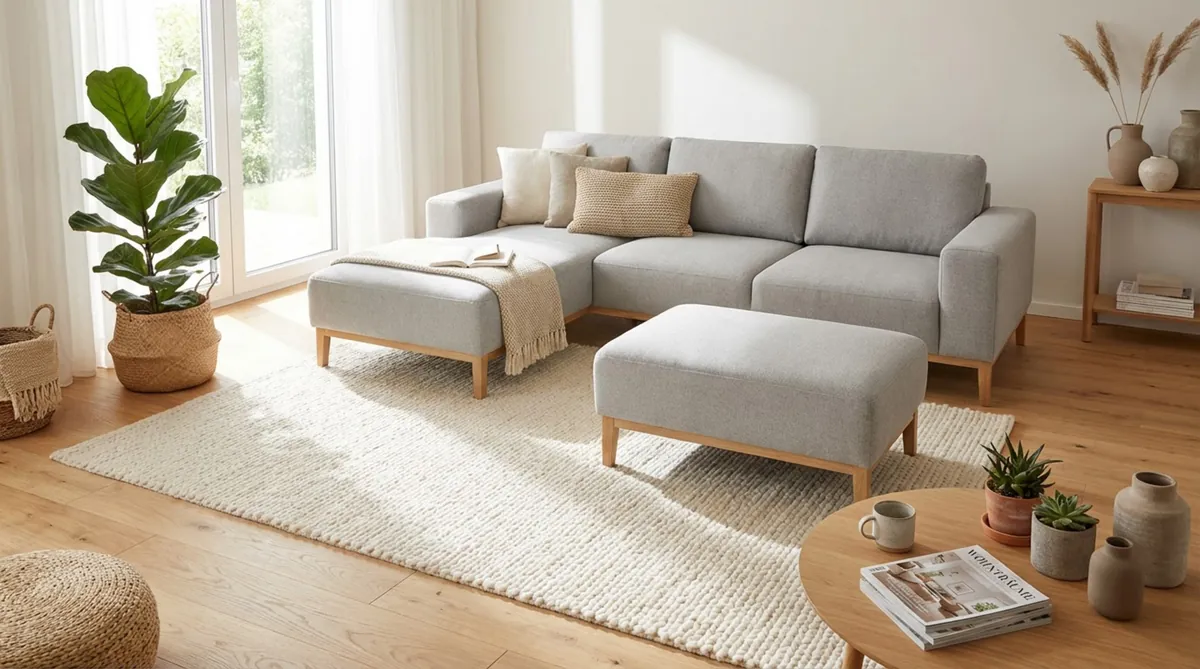 Ein modernes helles Wohnzimmer mit einem großen grauen Ecksofa und Ottomane, das durch ein großes Fenster Sonnenlicht erhält. Der skandinavische Stil schafft eine gemütliche Atmosphäre.
