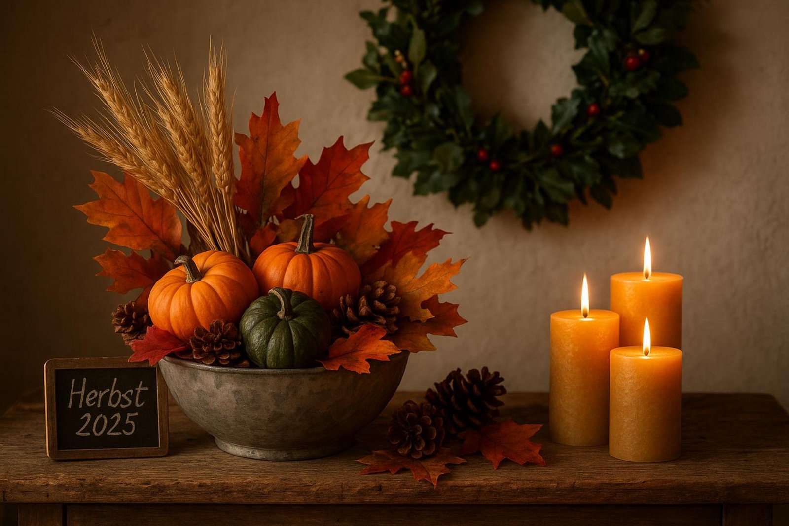 Gemütliche Herbstdekoration mit Kürbissen, getrockneten Ähren und Kerzen auf einer rustikalen Kommode.