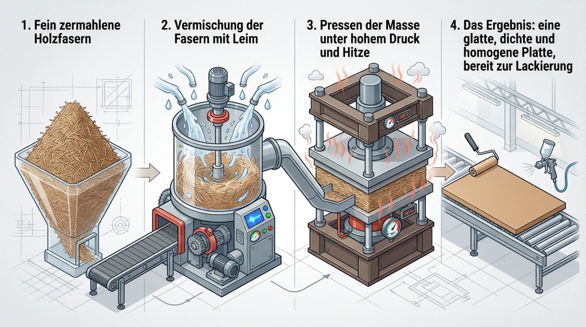 Technische Diagramm-Illustration des Herstellungsprozesses einer MDF-Platte mit vier Schritten von Holzfasern bis zur fertigen Platte.