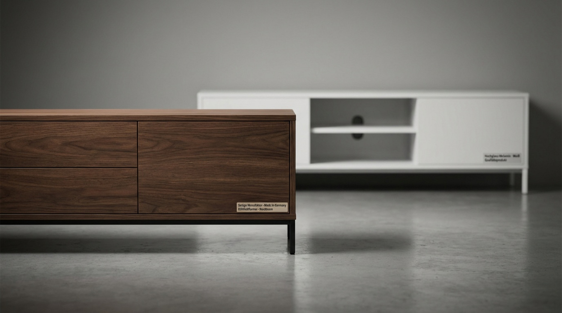 Produktfotografie verschiedener TV-Lowboards mit eleganten Designs und hochwertigen Materialien.