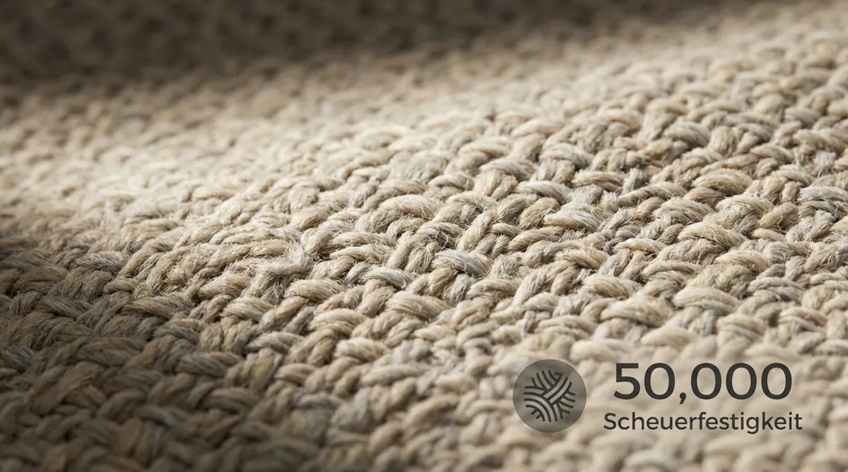 Makroaufnahme eines strukturierten Möbelstoffs in neutralen Farben mit hervorgehobener Textur und Scheuerfestigkeitssymbol.