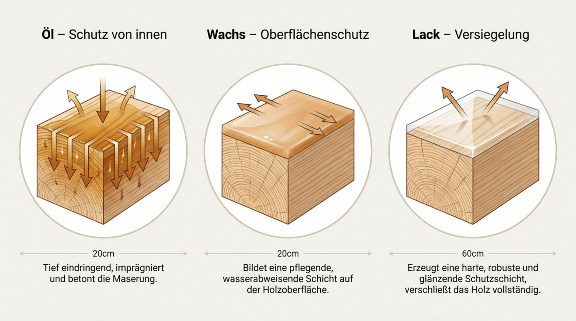 Vergleichende Infografik zeigt drei Holzquerschnitte mit unterschiedlichen Behandlungen: Öl tief im Holz, Wachs auf der Oberfläche und Lack als vollständige Versiegelung.