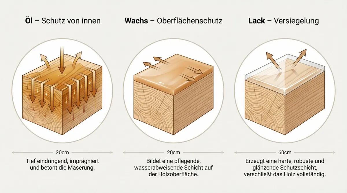 Vergleichende Infografik zeigt drei Holzquerschnitte mit unterschiedlichen Behandlungen: Öl tief im Holz, Wachs auf der Oberfläche und Lack als vollständige Versiegelung.