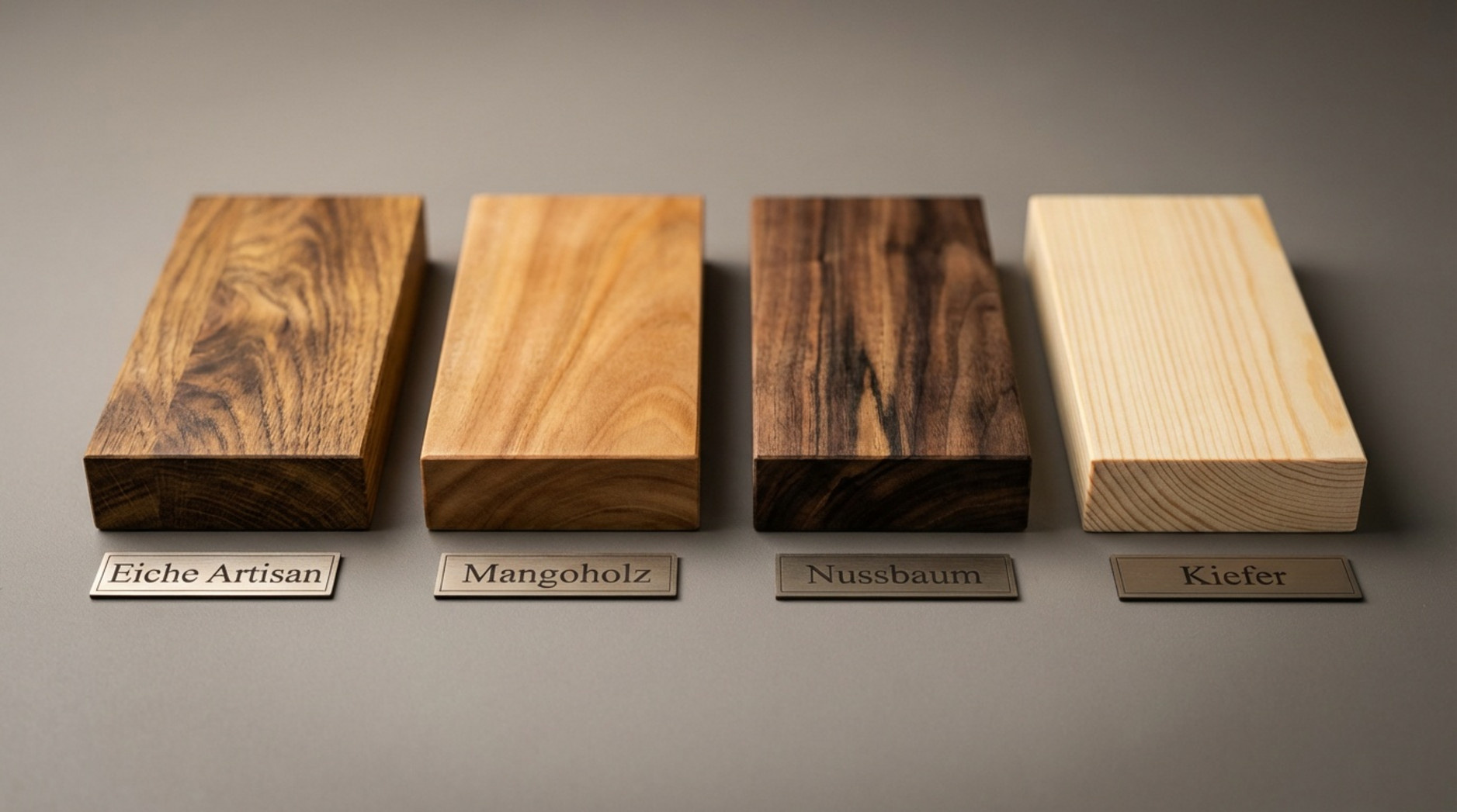 Makroaufnahme verschiedener Holzoberflächen für Möbel mit lebhafter Maserung und Textur.
