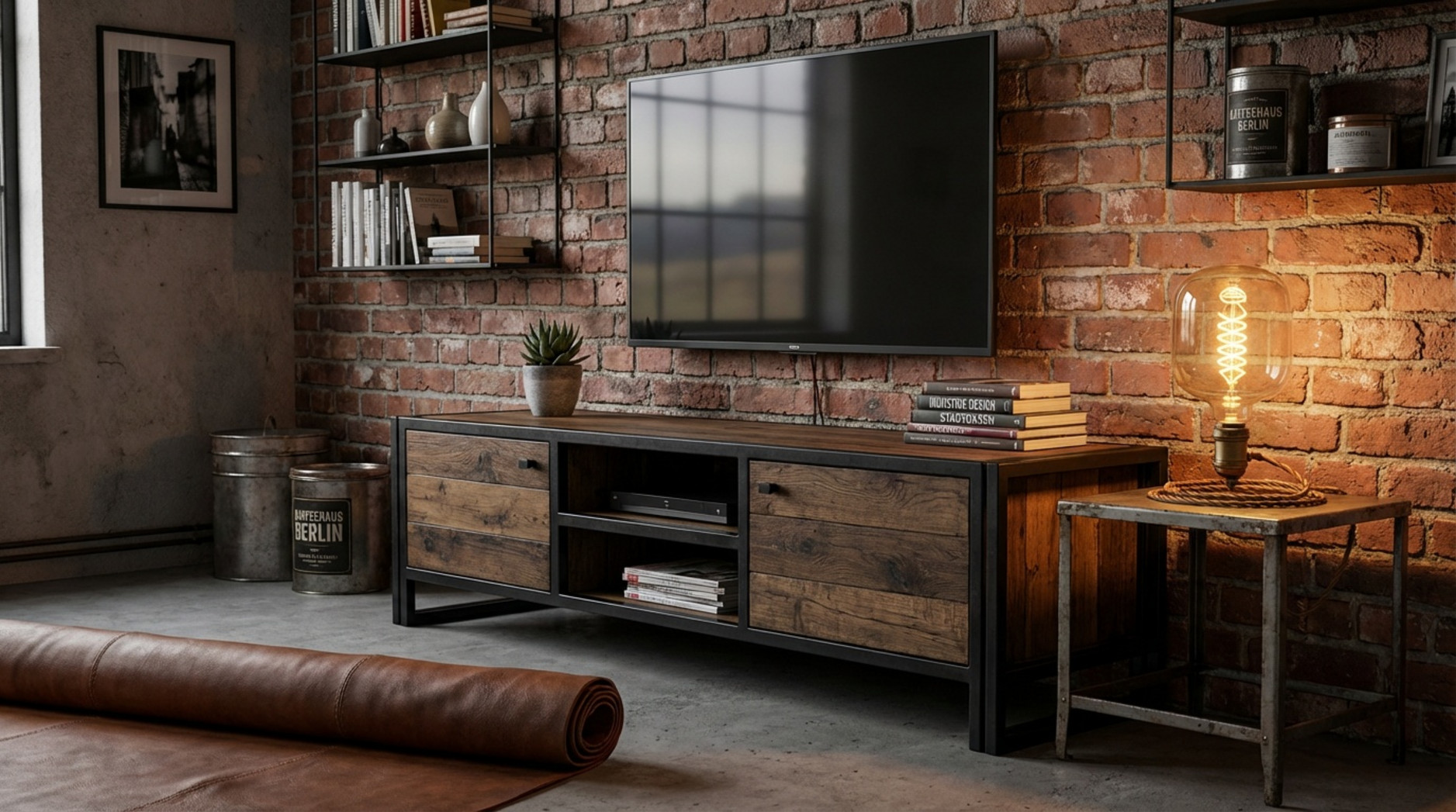 Ein charaktervolles Wohnzimmer im Industrial-Stil mit recyceltem Holz und Stahlrahmen, das eine urbane Atmosphäre schafft.