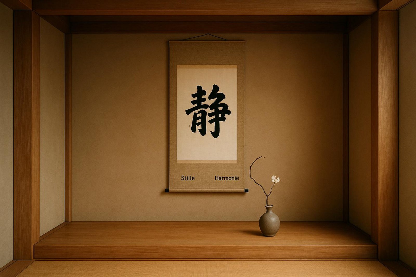 Fotorealistische Aufnahme einer japanischen Tokonoma-Nische mit Kalligraphie-Schriftrolle und minimalistischen Ikebana-Arrangement.