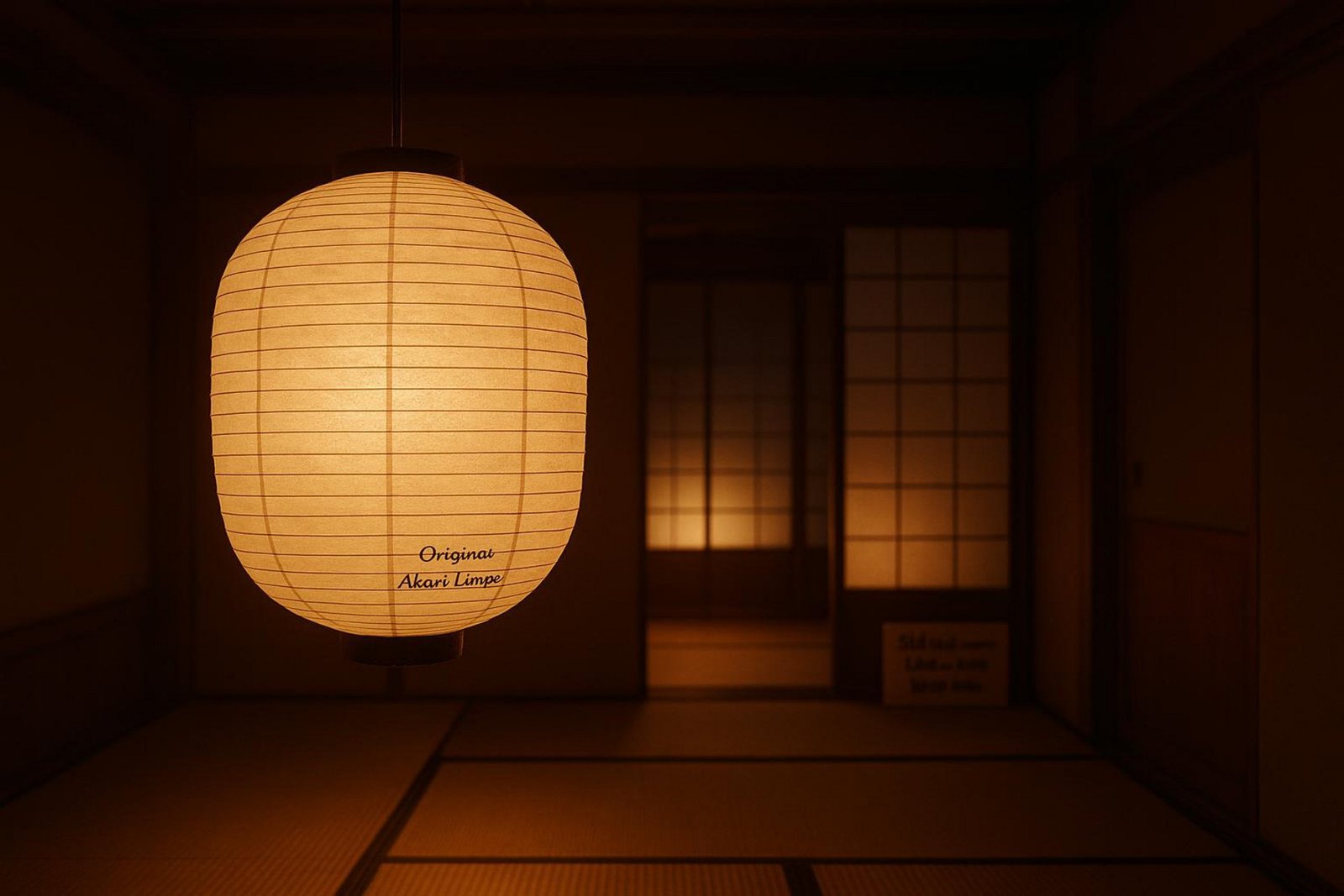 Ein japanischer Raum im Abendlicht mit einer großen Papierlaterne und sanften Silhouetten von Shoji-Schiebetüren.