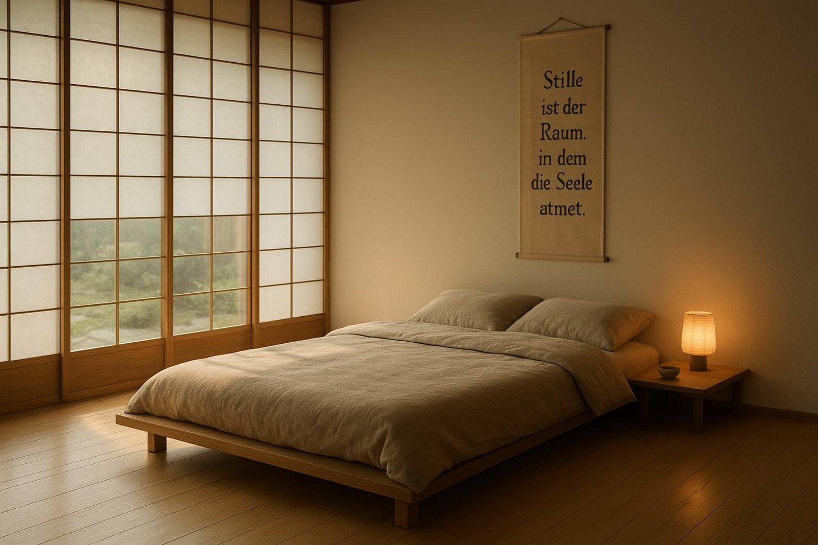 Ein minimalistisch eingerichtetes japanisches Schlafzimmer mit Futonbett und natürlicher Bettwäsche, das Ruhe und Geborgenheit ausstrahlt.