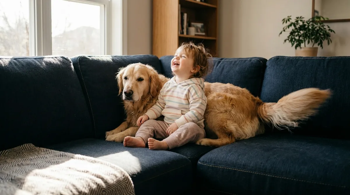 Ein Kind und ein Hund spielen auf einem dunklen blauen Ecksofa, das Geborgenheit und Langlebigkeit vermittelt.
