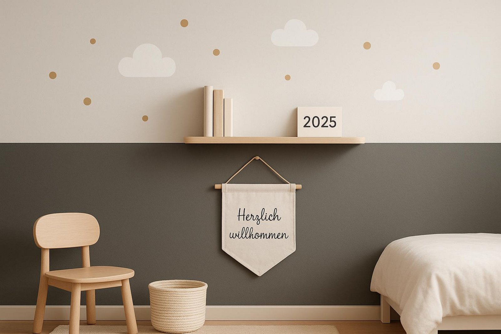 Stilvolle Illustration eines Kinderzimmers mit kreativer Wandgestaltung in Grau und Gold, inklusive Wandstickern und Holzregal.