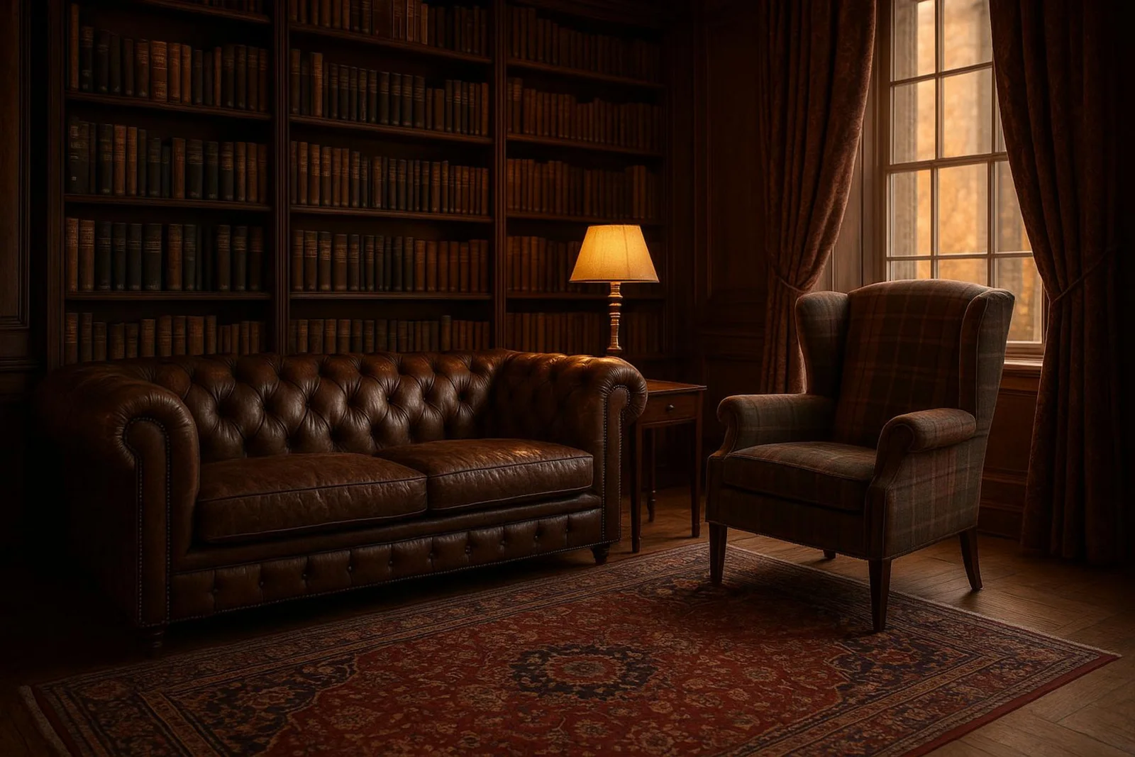 Fotorealistische Darstellung eines eleganten englischen Wohnzimmers mit Chesterfield-Ledersofa und gemütlichem Ohrensessel. Im Hintergrund eine dunkle Holzbibliothek und warmes Abendlicht durch das Fenster.