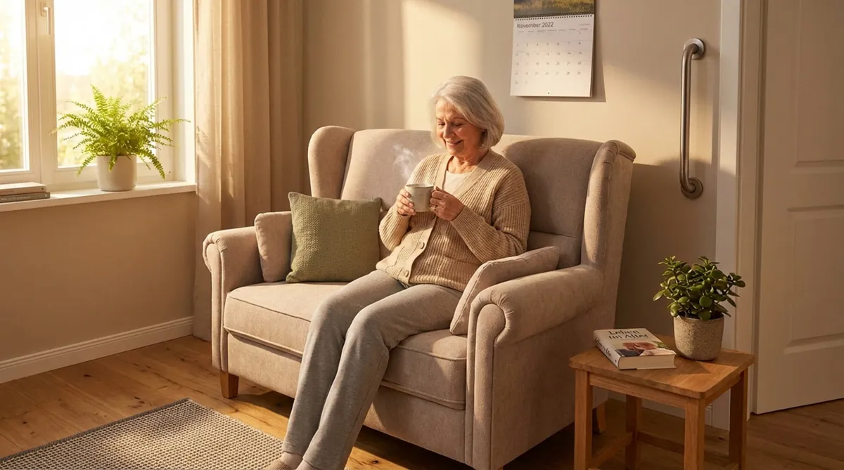 Eine ältere Person sitzt bequem auf einem ergonomischen Sofa, das Sicherheit und Komfort im Alltag vermittelt.
