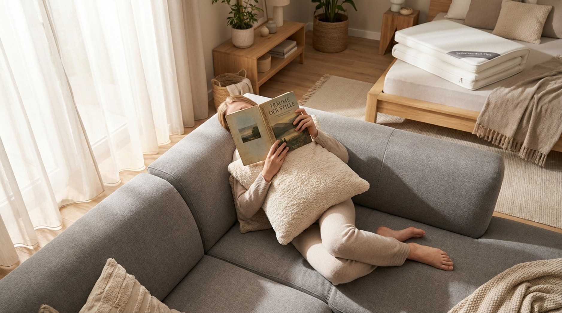 Eine Person liegt bequem auf einem Sofa, umarmt ein Kissen und liest ein Buch für Entspannung.