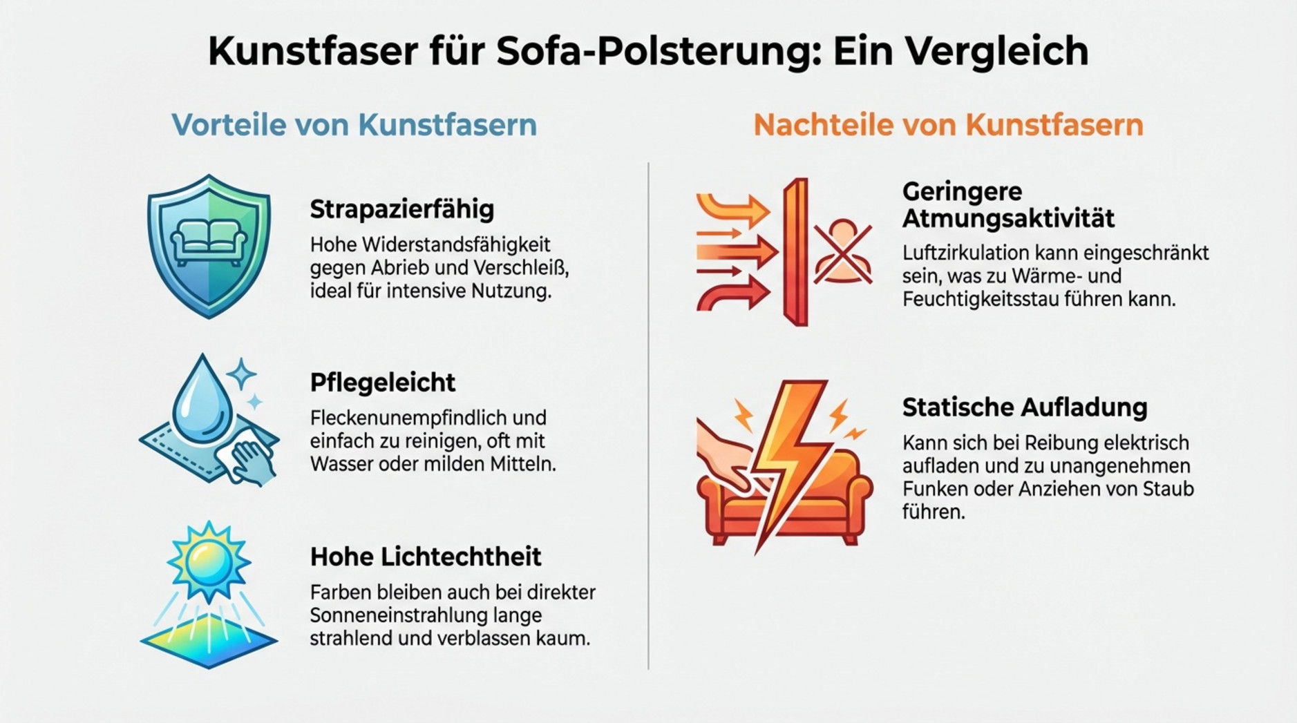 Infografik zeigt die Vor- und Nachteile von Kunstfasern für Sofabezüge mit Icons und klarer Gestaltung.
