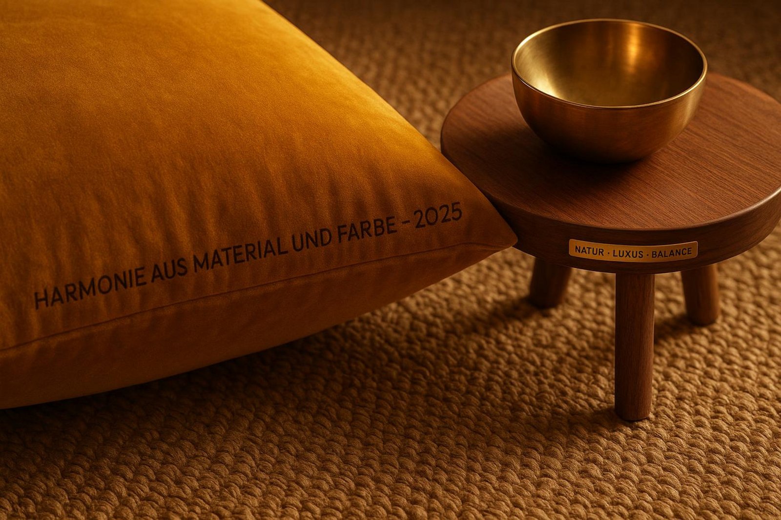 Detailaufnahme der Texturen von einem Kurkuma-Samtkissen, Juteteppich, Nussbaumholz und Messingschale. Das Bild zeigt das harmonische Zusammenspiel der Materialien und Farben.