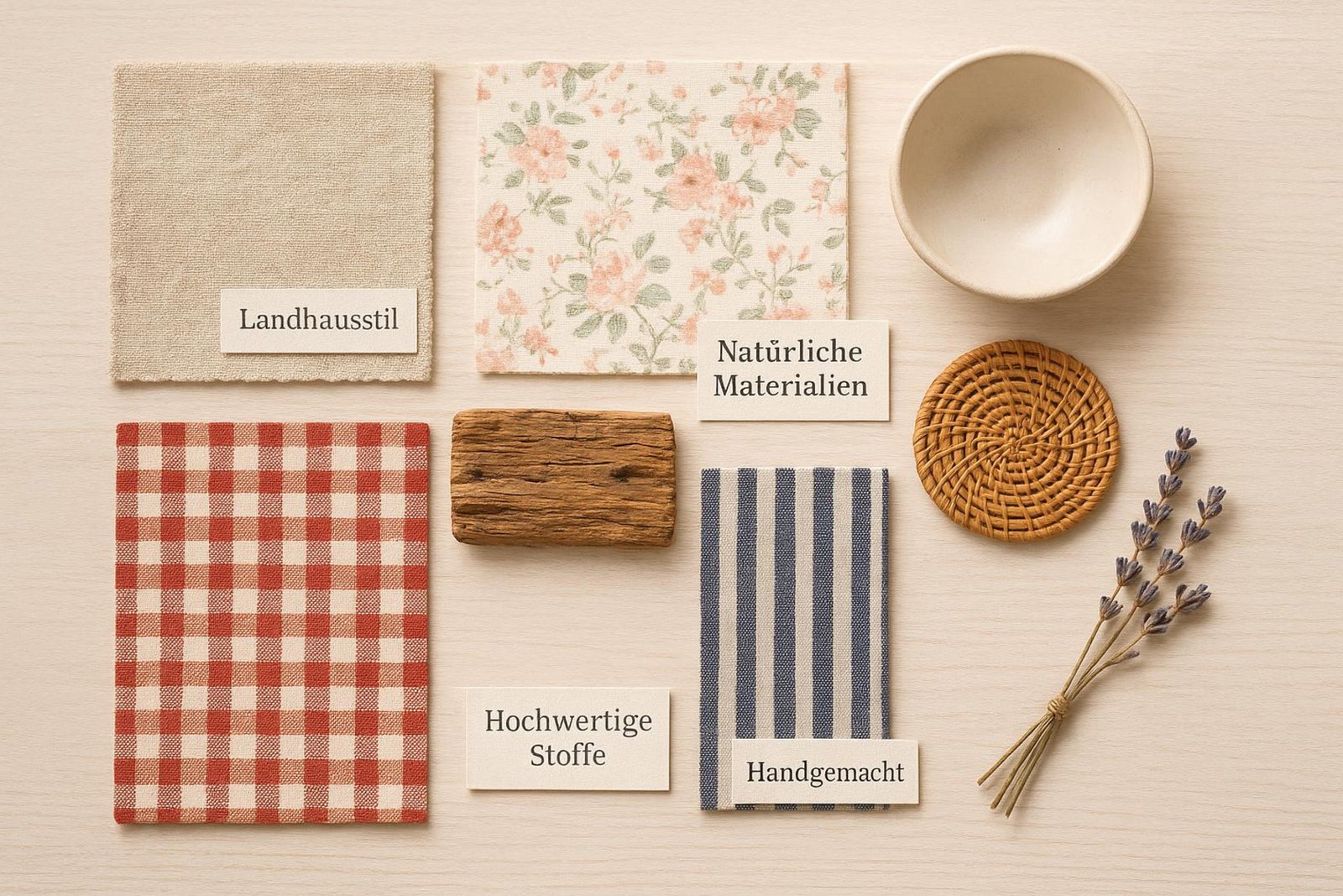 Fotorealistische Flatlay-Komposition mit Materialien und Mustern des Landhausstils auf hellem Holzhintergrund.
