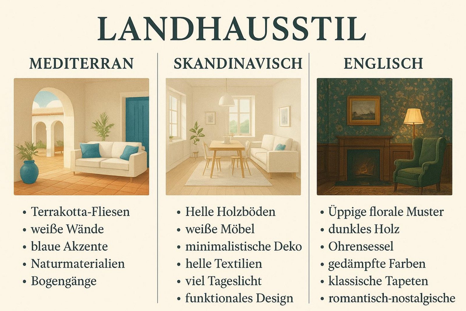 Vergleichende Infografik der Landhausstil-Varianten mit jeweiligen Interieurbildern und Merkmalen