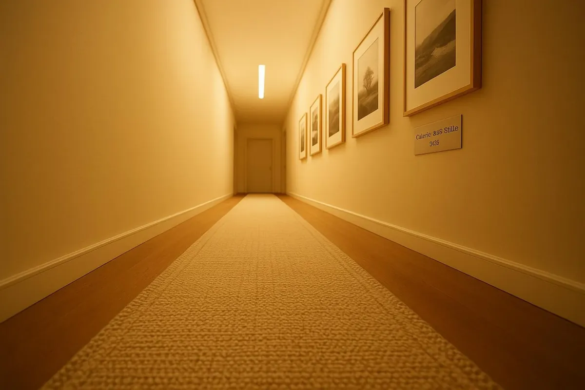 Fotorealistische Aufnahme eines langen schmalen Flurs mit beigefarbenem Läufer und minimalistischer Bildergalerie, die eine warme, einladende Atmosphäre schafft.