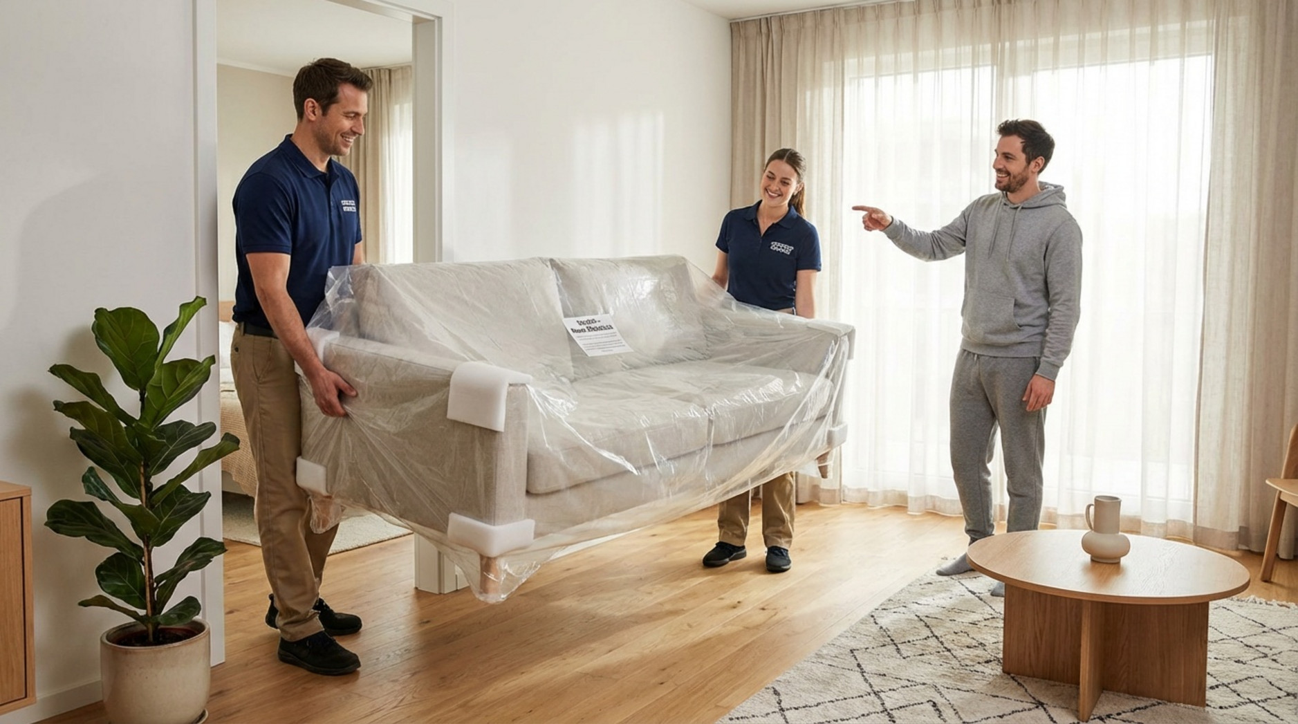 Zwei freundliche Lieferanten tragen ein neues Sofa in die Wohnung, während der Kunde daneben steht und den Platz zeigt.