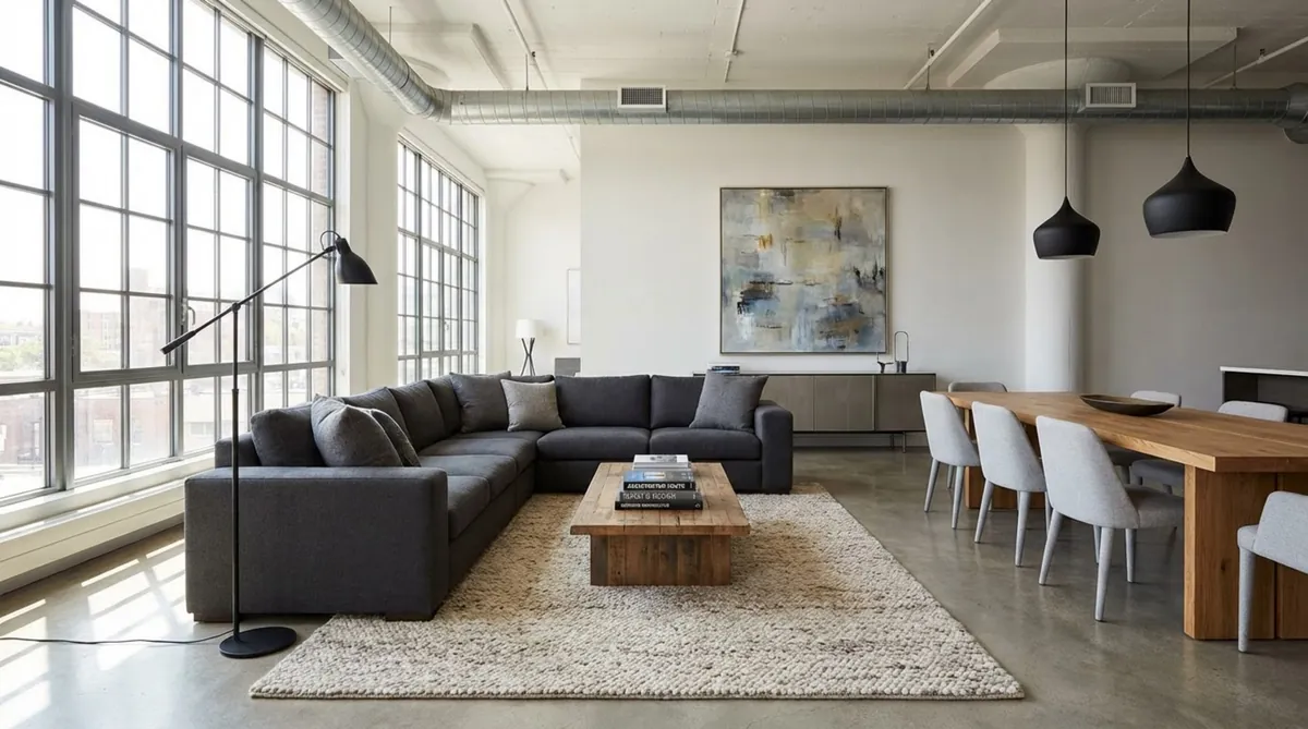 Ein moderner, offener Loft-Wohnbereich mit einem dunklen Ecksofa, das den Raum teilt, und großen Fenstern, die viel Tageslicht bringen.